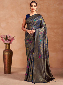 SATRANI - Navy Blue Woven Silk Handloom Saree with Unstitched Blouse