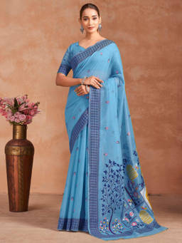 SATRANI - Blue Embroidered Chanderi Embroidered Saree with Unstitched Blouse