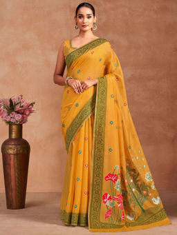 SATRANI - Yellow Floral Chanderi Printed Saree with Unstitched Blouse