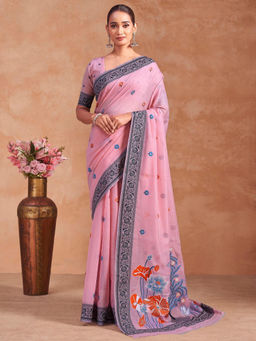 SATRANI - Pink Floral Chanderi Printed Saree with Unstitched Blouse