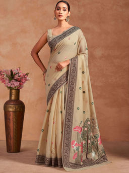 SATRANI - Beige Floral Chanderi Printed Saree with Unstitched Blouse
