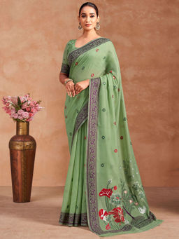 SATRANI - Green Floral Chanderi Printed Saree with Unstitched Blouse
