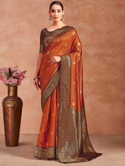 SATRANI - Orange Woven Silk Handloom Saree with Unstitched Blouse