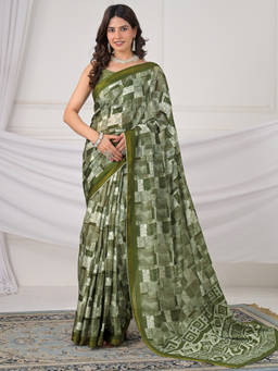 SATRANI - Green Silk Printed Saree with Unstitched Blouse