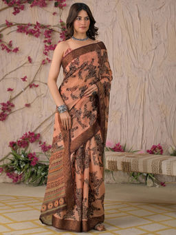 SATRANI - Peach Floral Linen Printed Saree with Unstitched Blouse