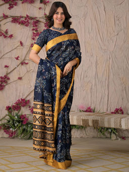 SATRANI - Navy Blue Floral Linen Printed Saree with Unstitched Blouse