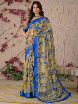 SATRANI - Beige Floral Linen Printed Saree with Unstitched Blouse