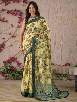 SATRANI - Peach Floral Linen Printed Saree with Unstitched Blouse