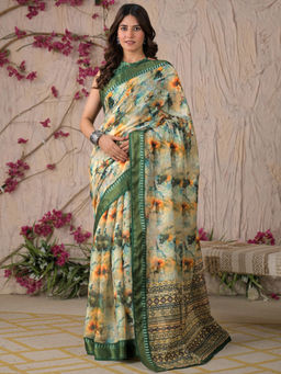 SATRANI - Green Floral Linen Printed Saree with Unstitched Blouse
