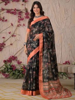 SATRANI - Black Floral Linen Printed Saree with Unstitched Blouse