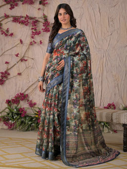 SATRANI - Navy Blue Floral Linen Printed Saree with Unstitched Blouse