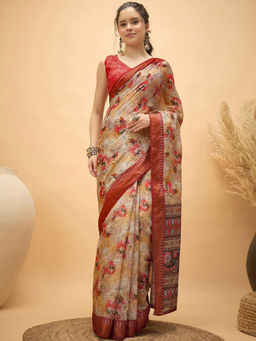 SATRANI - Beige Floral Linen Printed Saree with Unstitched Blouse