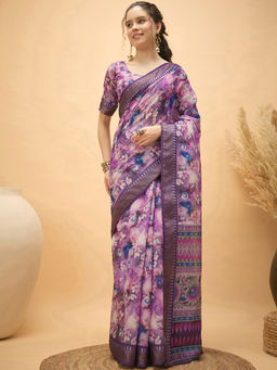 SATRANI - Lavender Floral Linen Printed Saree with Unstitched Blouse