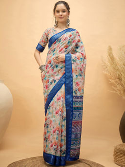 SATRANI - Blue Floral Linen Printed Saree with Unstitched Blouse