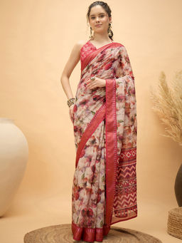 SATRANI - Red Floral Linen Printed Saree with Unstitched Blouse