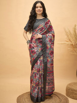 SATRANI - Grey Floral Linen Printed Saree with Unstitched Blouse