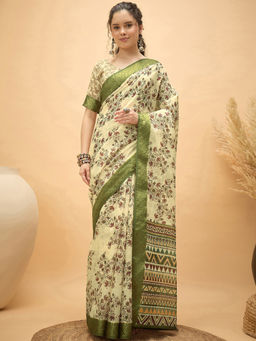 SATRANI - Green Floral Linen Printed Saree with Unstitched Blouse
