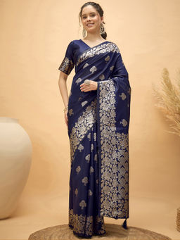 SATRANI - Navy Blue Woven Silk Handloom Saree with Unstitched Blouse