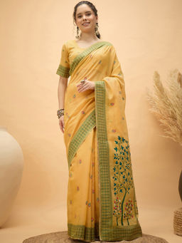 SATRANI - Yellow Chanderi Embroidered Saree with Unstitched Blouse
