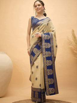 SATRANI - Beige Woven Silk Handloom Saree with Unstitched Blouse