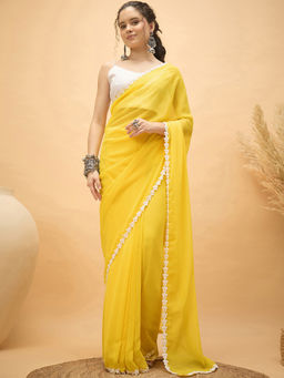 SATRANI - Yellow Georgette Solid/Plain Saree with Unstitched Blouse