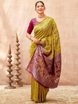 SATRANI - Yellow Woven Silk Handloom Saree with Unstitched Blouse