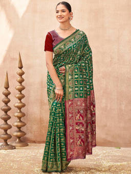 SATRANI - Green Woven Silk Handloom Saree with Unstitched Blouse