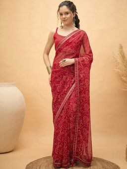 SATRANI - Red Georgette Printed Saree with Unstitched Blouse