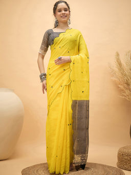 SATRANI - Yellow Linen Embroidered Saree with Unstitched Blouse