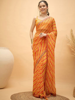 SATRANI - Yellow Stripes Georgette Printed Saree with Unstitched Blouse