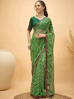 SATRANI - Green Stripes Georgette Printed Saree with Unstitched Blouse