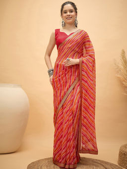 SATRANI - Red Stripes Georgette Printed Saree with Unstitched Blouse