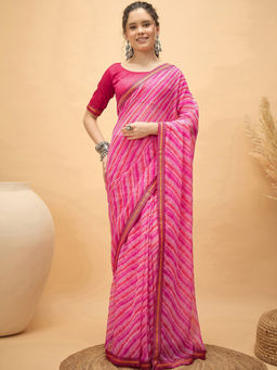 SATRANI - Pink Stripes Georgette Printed Saree with Unstitched Blouse