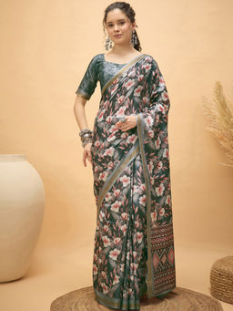 SATRANI - Grey Floral Silk Printed Saree with Unstitched Blouse