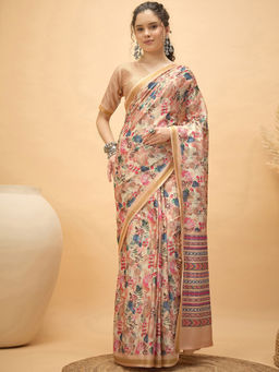 SATRANI - Beige Floral Silk Printed Saree with Unstitched Blouse