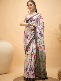 SATRANI - White Floral Silk Printed Saree with Unstitched Blouse