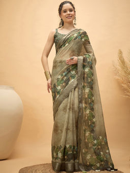 SATRANI - Khaki Printed Linen Printed Saree with Unstitched Blouse