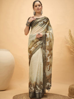 SATRANI - Beige Linen Printed Saree with Unstitched Blouse