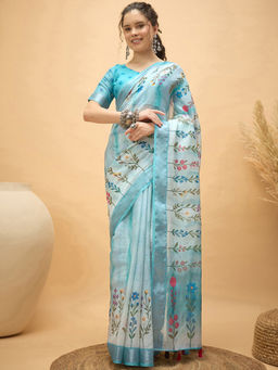 SATRANI - Blue Floral Linen Printed Saree with Unstitched Blouse