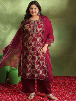 Extra love by Libas - Maroon Woven Design Organza Straight Kurta Sets for Women