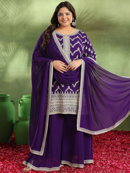Extra love by Libas - Purple Embroidered Georgette Straight Kurta Sets for Women