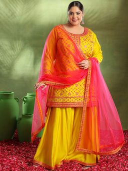 Extra love by Libas - Mustard Embroidered Silk Blend Straight Kurta Sets for Women