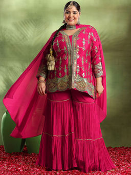 Extra love by Libas - Pink Embroidered Silk Blend Straight Kurta Sets for Women