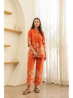 Jisora - Women's Orange Printed Cotton Co-Ord Set