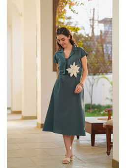 Jisora - Women's Blue Floral Cotton Flex Dress with Jacket