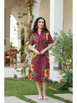Jisora - Women's Maroon Floral Printed Cotton Dress