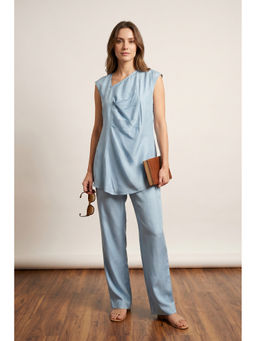 Jisora - Women's Blue Solid Russian Silk Co-Ord Set