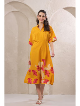 Jisora - Women's Yellow Floral Printed Cotton Dress