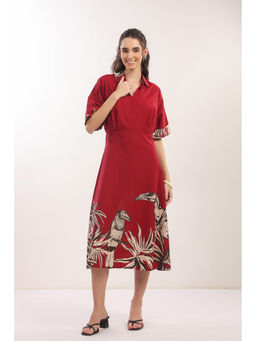 Jisora - Women's Red Printed Cotton Dress