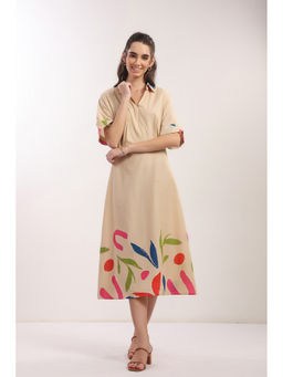 Jisora - Women's Beige Printed Cotton Dress
